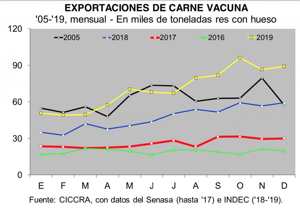 exportacion de carne argentina 2005 2019 en toneladas